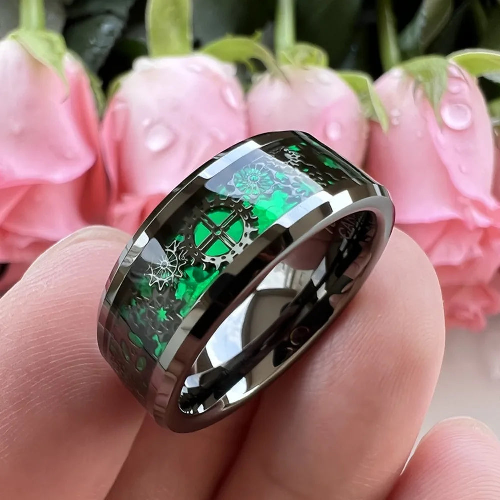 8MM Fashion Men Gear Inlay Steel Ring Polished Green Carbon fiber Stainless Steel Rings detail view