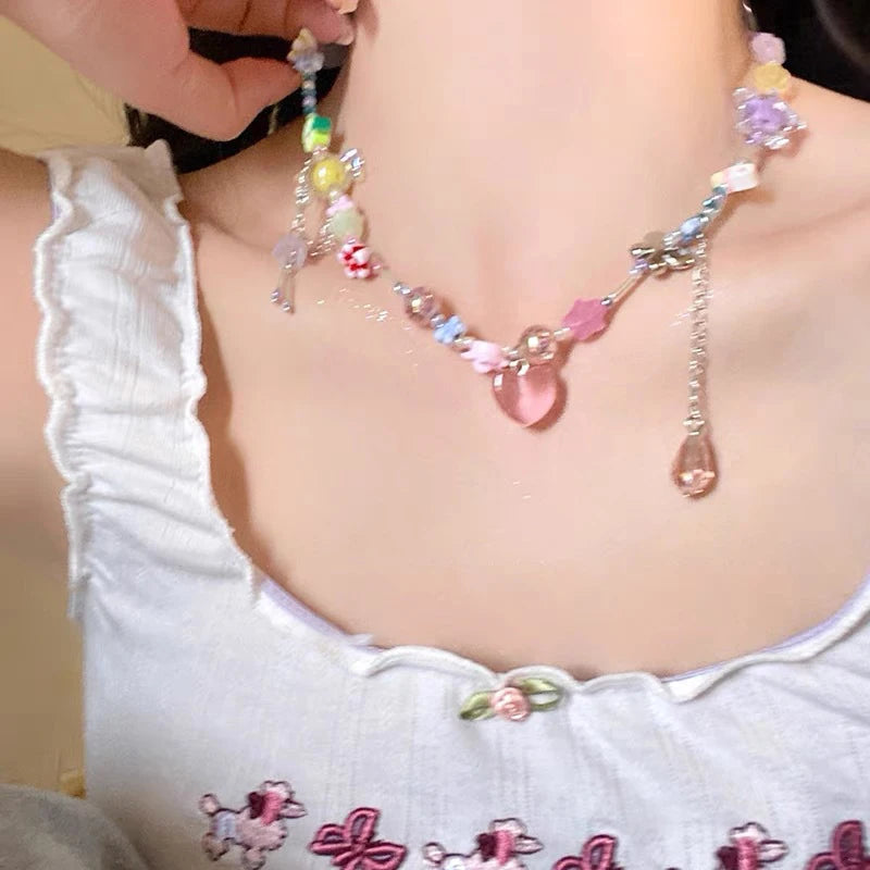 Colorful Candy Beaded Choker Necklace | Y2K Sweet Cute Short Clavicle Chain lifestyle view
