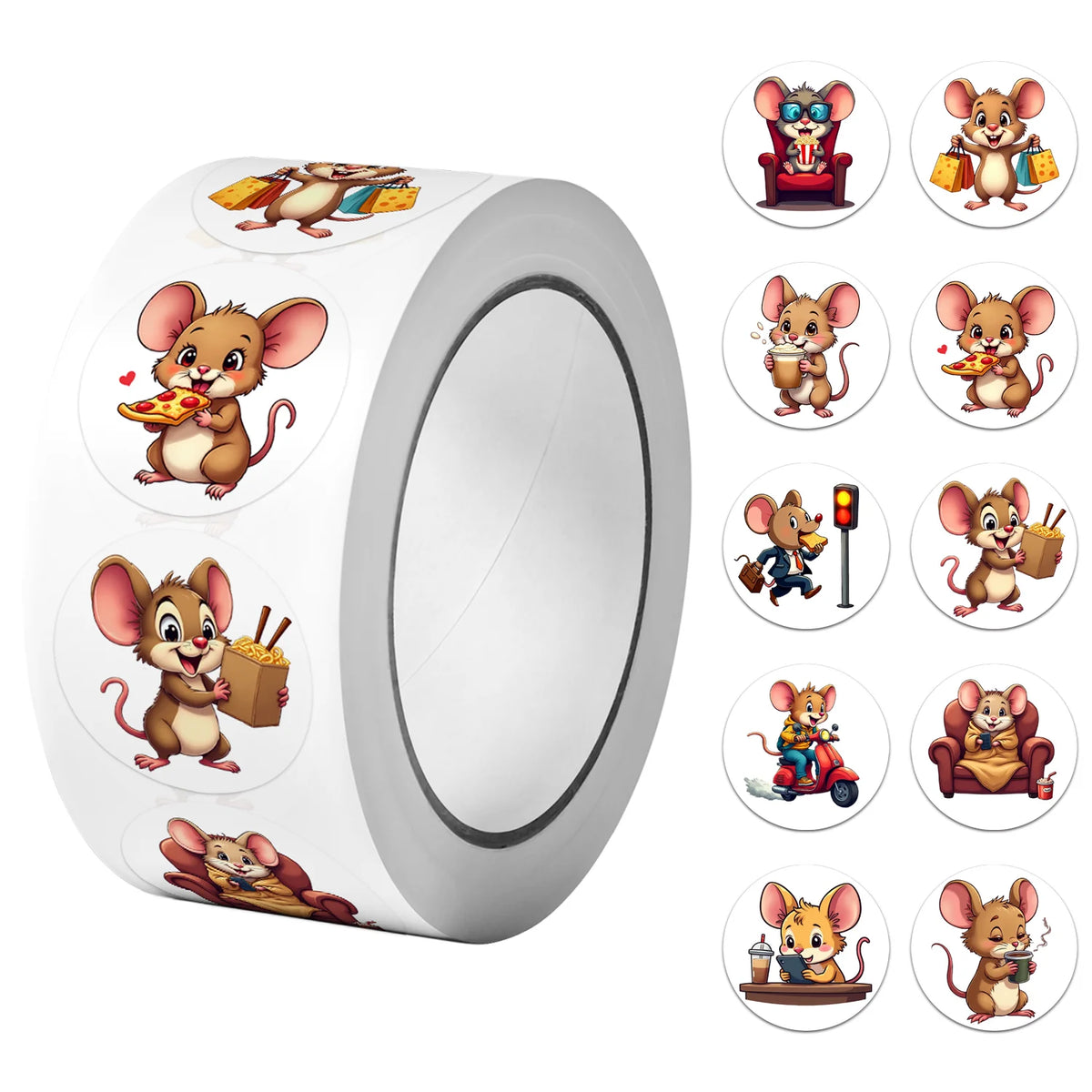 1Roll(500Pcs) Cute City Mouse Happy Life Stickers 2.5cm/1.0" 10 Designs Packaging Hom alternate view