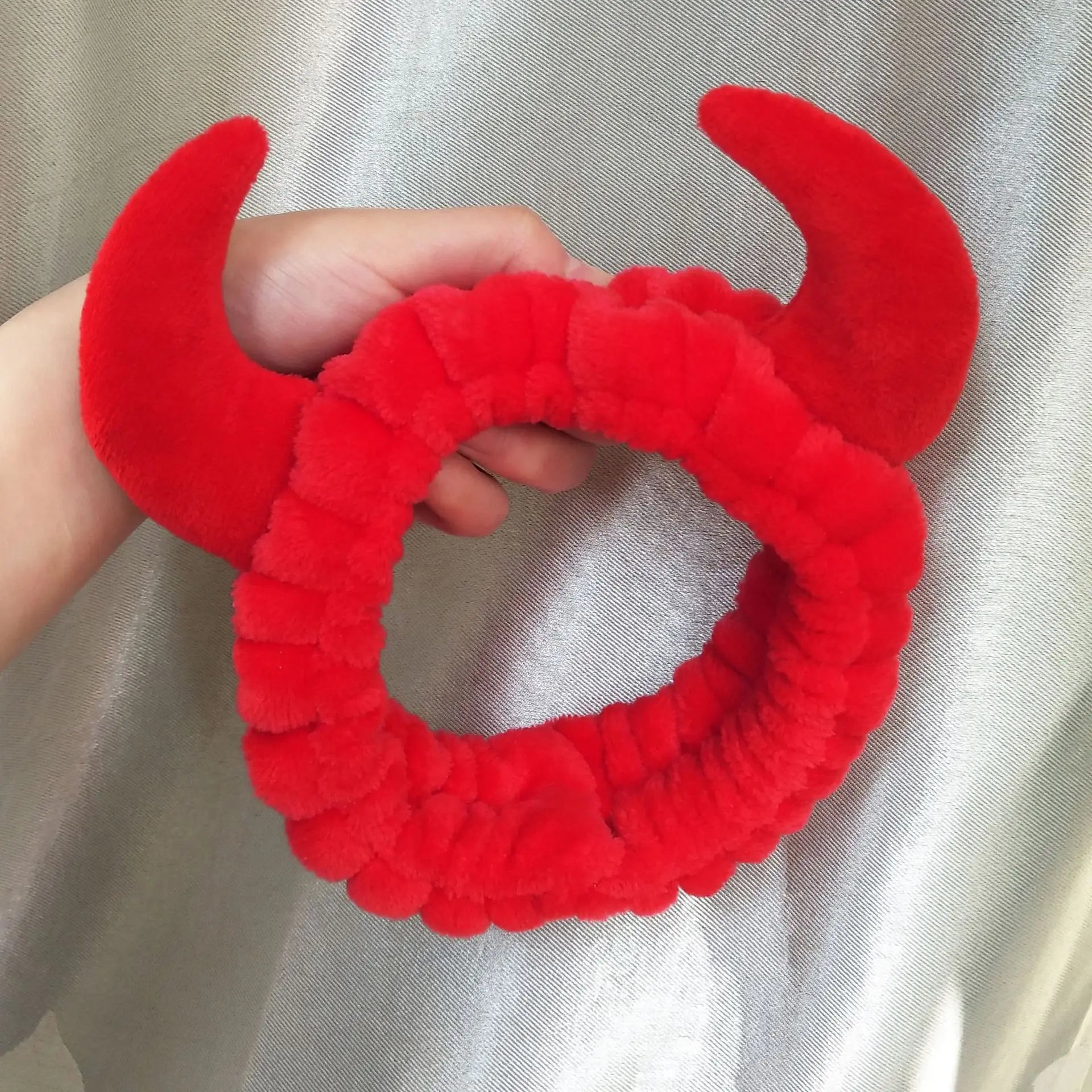 Cute Red Horns Elastic Hairbands for Women Wash Face Sport Soft Plush Rabbit Ears Hea lifestyle view