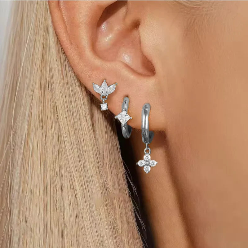 3PCS Stainless Steel Crown Chain Tassel Zircon Drop Earring Flower Ear Stud For Women close-up view
