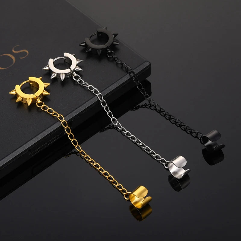 Punk Cross Pendant Clip Earring | Unisex Metal Chain Tassel Ear Cuff close-up view