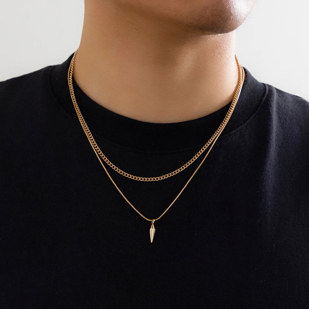 KunJoe 2pcs/set Stainless Steel Metal Rivet Pendant Thin Snake Chain Necklace for Men Pu detail view