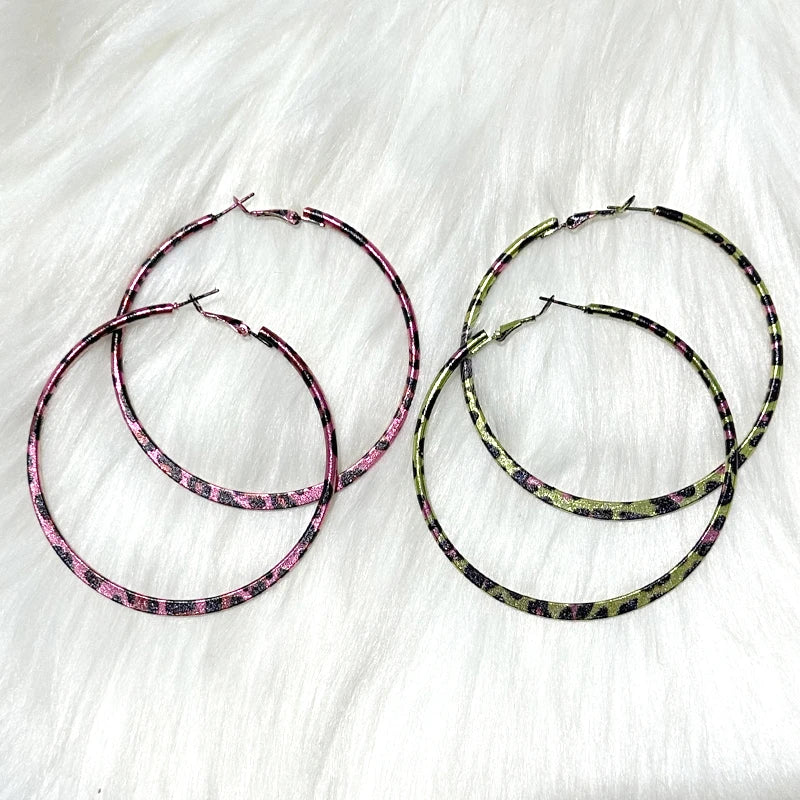 Pink Leopard Print Round Hoop Earrings | Y2K Vintage Punk Jewelry alternate view