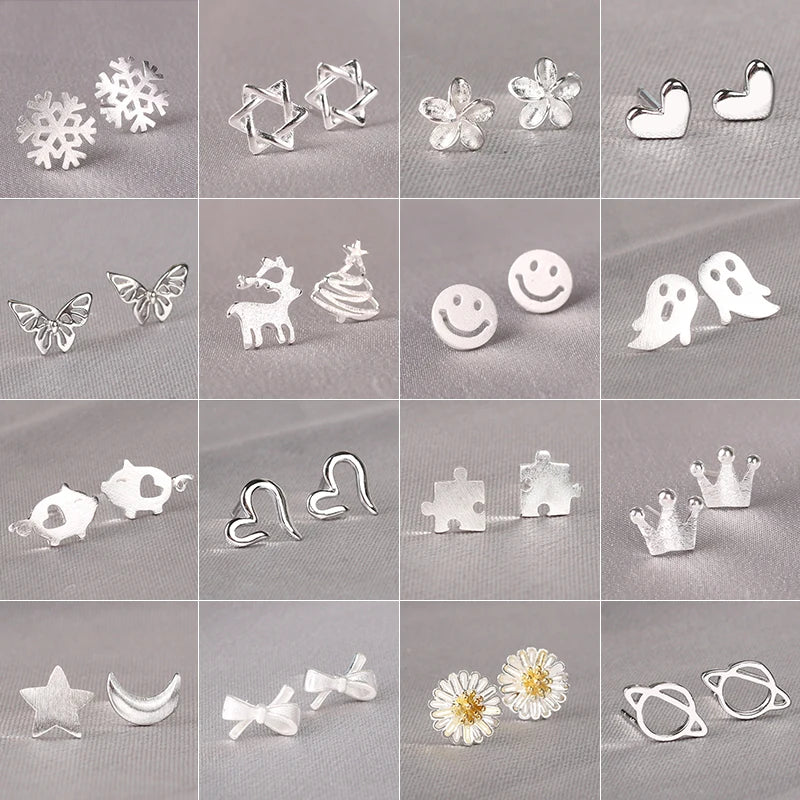 925 Silver Needles Lovely Mini Stud Earrings Women Cute Heart Star Moon Daisy Christmas Xmas Planet