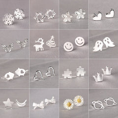 925 Silver Needles Lovely Mini Stud Earrings Women Cute Heart Star Moon Daisy Christmas Xmas Planet