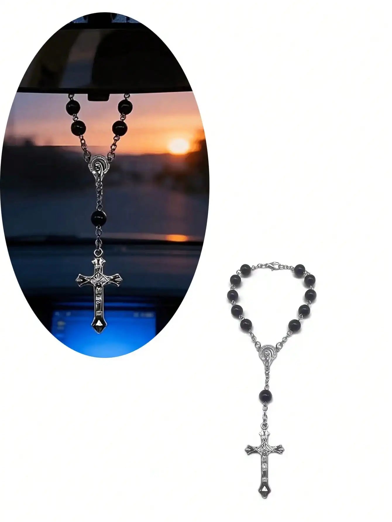 Black Rosary Cross Car Rearview Mirror Pendant, Exquisite Beaded Ornament, Car Inte additional angle