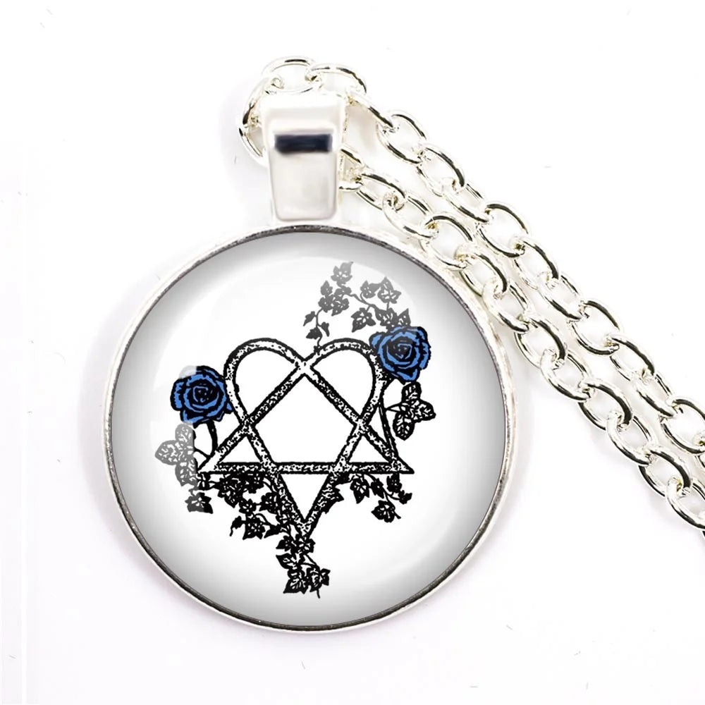 Hip Hop Rock Music Band Him Heartagram Glass Cabochon Pendant Star Heart Patten Necklace Chain Charm Necklace Jewelry Gift