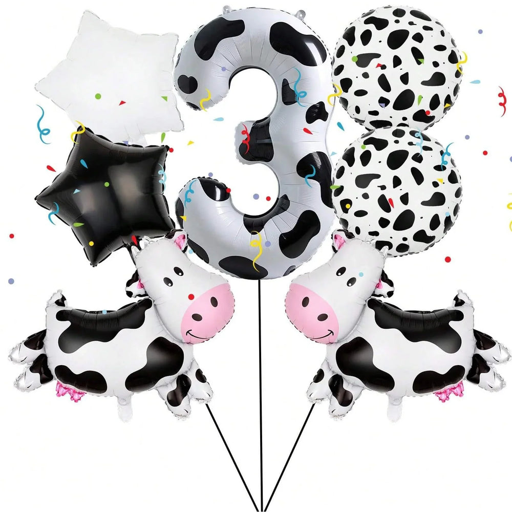 7pcs Cow Print Number Balloon Set | Farm Animal Birthday Party Decoration alternate view
