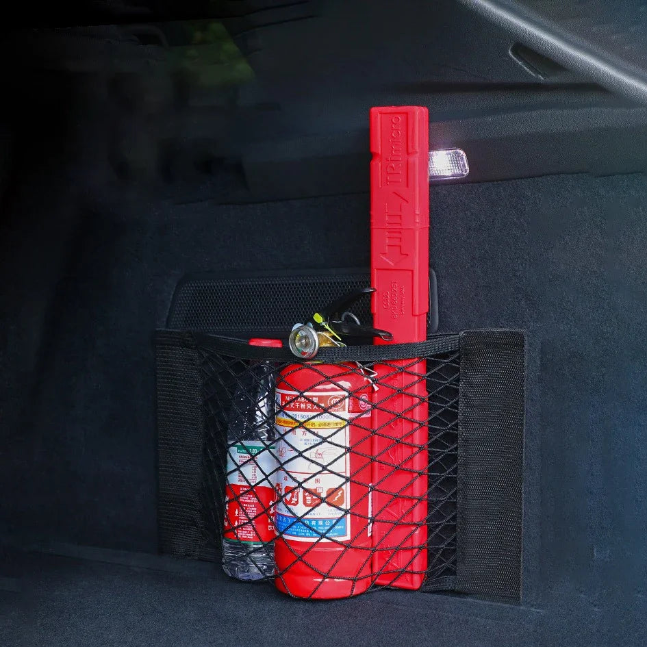 Nylon Mesh Trunk Organizer Rear Seat Net Bag With Magic Tape close-up view
