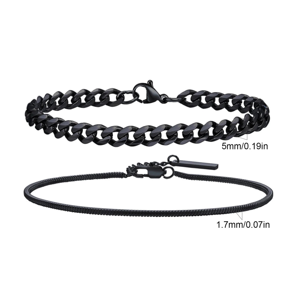 Men's Stainless Steel Chain Bracelets Set | 2pcs Silver Gold Black Twist Rope & Cuban close-up view