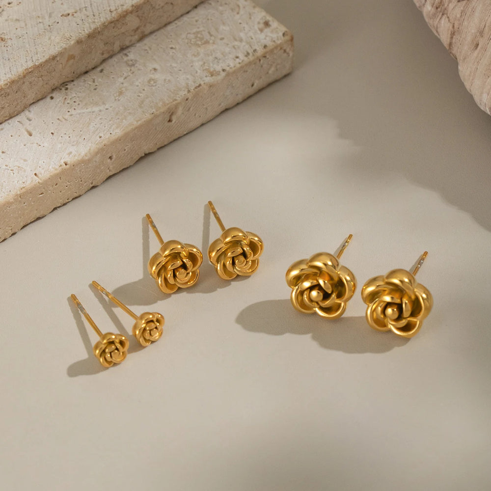 Rose Flower Stud Earrings | 18K Gold Plated Stainless Steel Daily Jewelry for Women detail view