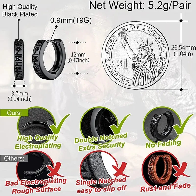 Viking Rune Hoop Earrings | Stainless Steel Norse Jewelry for Men and Women detail view