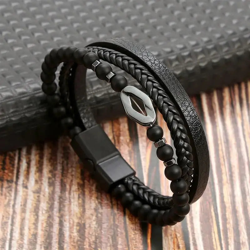 Classic Men's Leather Bracelet New Style Hand-woven Multi-layer Combination Accessory Fa detail view