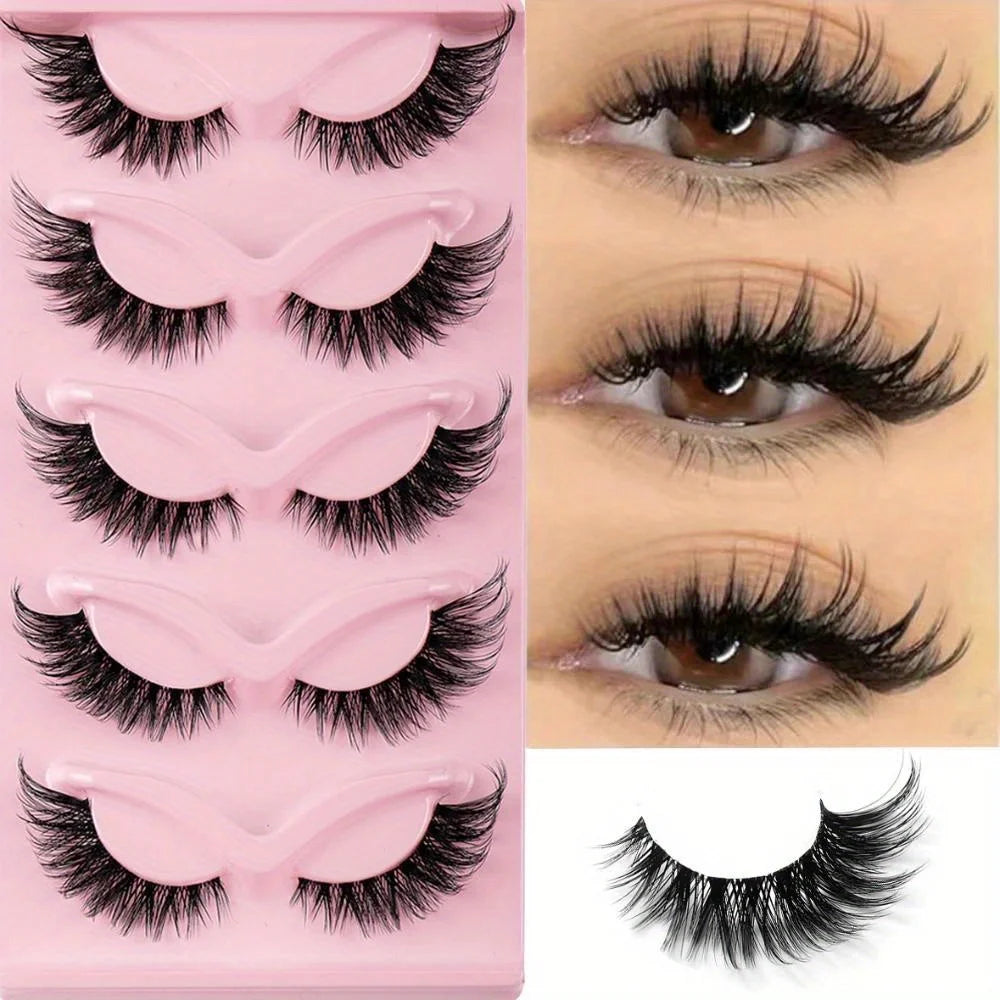 5 Pairs of Dramatic Cat Eye Fake Eyelashes - Natural, Long, Winged, and Elongated for a Flawless Makeup Look.