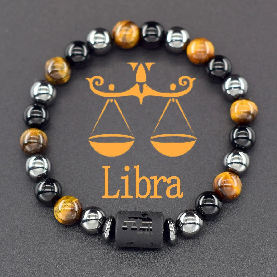 12 Zodiac Sign Bracelet Homme Constellation Bangle Natural Yellow Tiger Eye Stone Hema close-up view