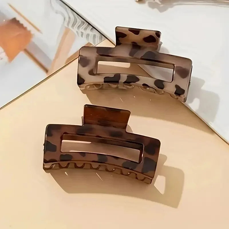 2Pcs Elegant Leopard Print Rectangular Plastic Shark Hair Claw Clips, Women Hair Accessories for Hair Styling