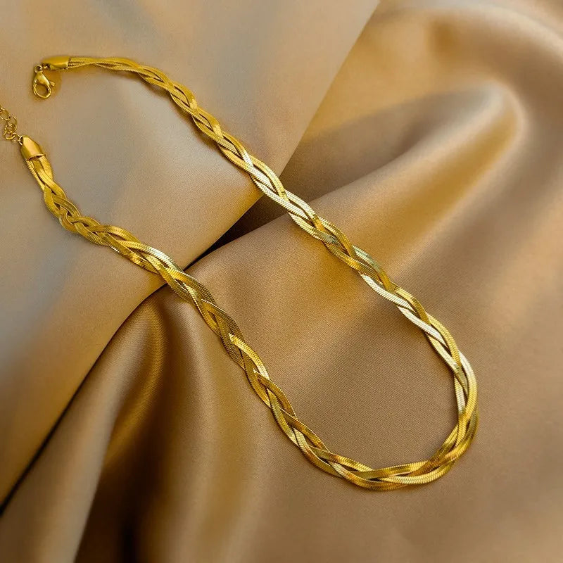 Tricolor Hand Braided Stainless Steel Necklace | Cuban Chain Jewelry for Women close-up view