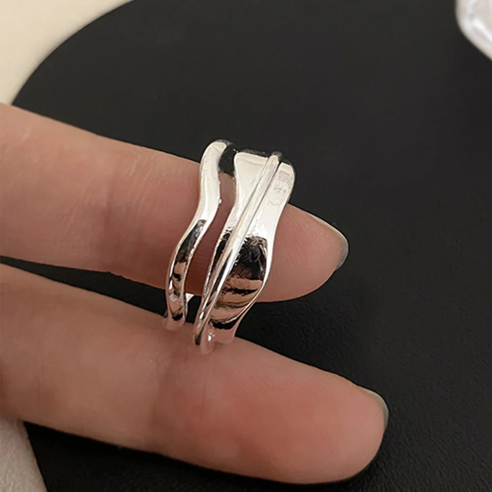 PANJBJ 925 Sterling Silve Multilayer Irregular Geometric Ring for Women Simple Char additional angle
