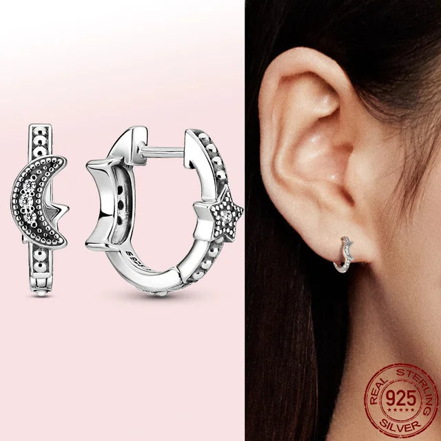 Hot Sell New 925 Silver hoop Moon Star Earrings White Stone Love Pendant DIY Jewelry alternate view