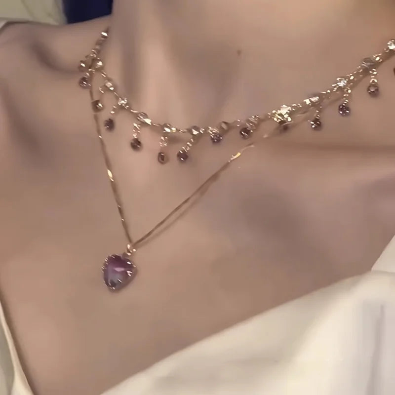 Elegant Women's Double Layer Heart Pendant Necklace | Synthetic Zirconia Collarbone Je close-up view