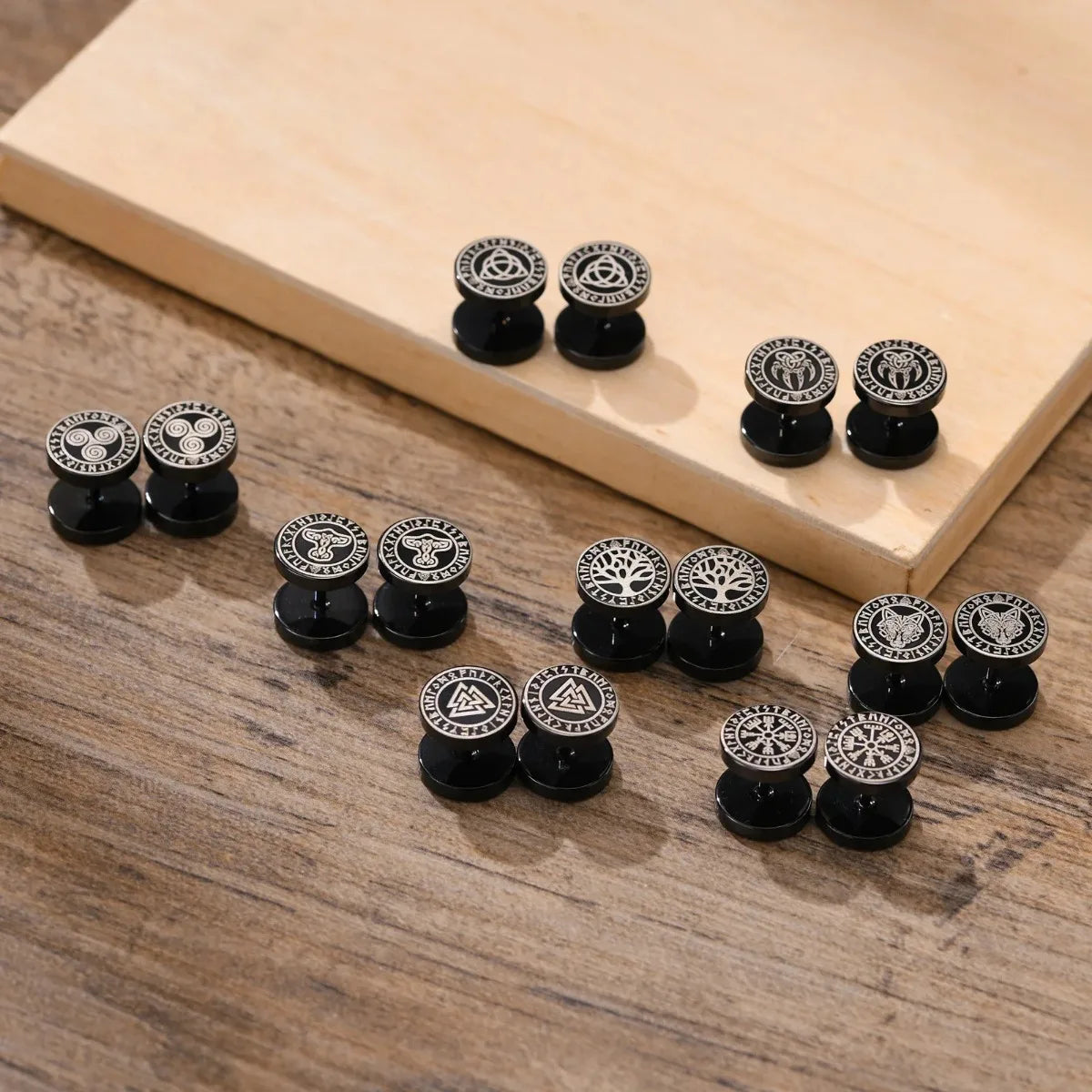 Gothic Norse Viking Runes Stud Earrings for Men | Stainless Steel Punk Jewelry close-up view