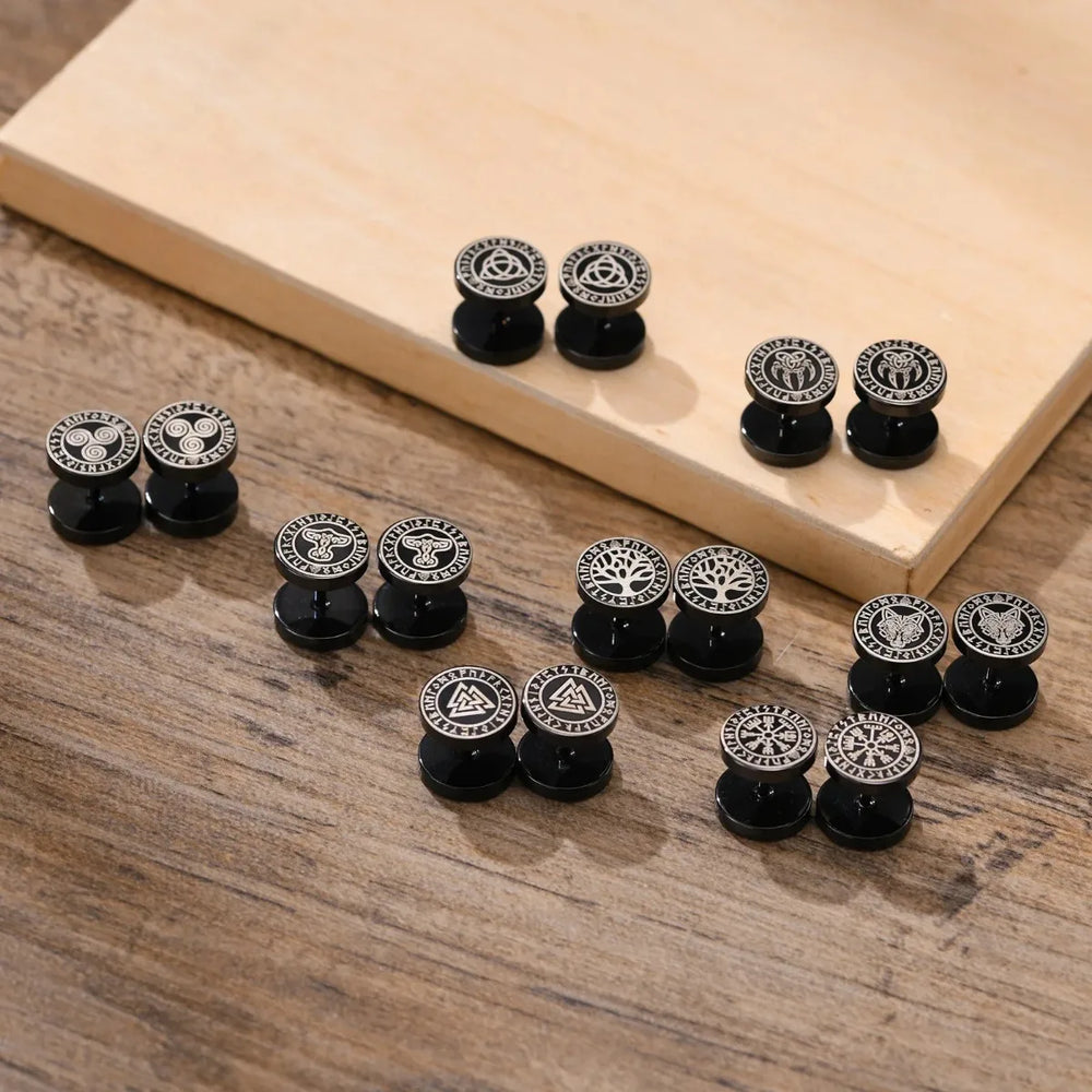 Gothic Norse Viking Runes Stud Earrings for Men | Stainless Steel Punk Jewelry close-up view