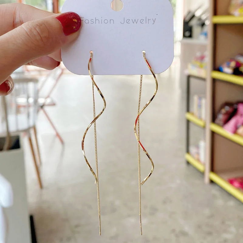 Spiral Drop Earrings for Women | Korean Fashion Wave Line Jewelry close-up view