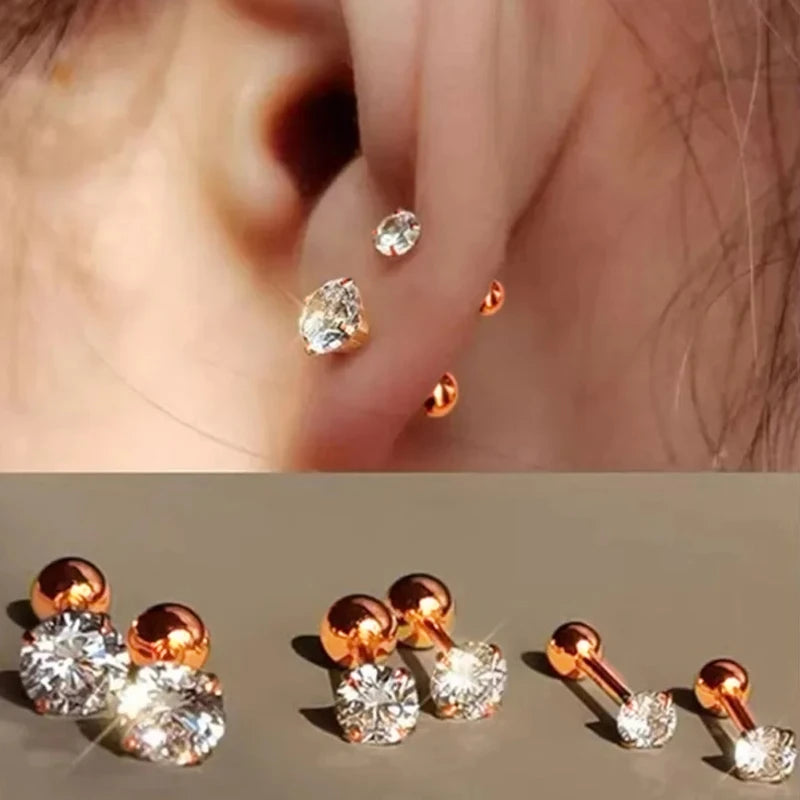 3Pairs Classic Round Zirconia Stud Earrings For Women, Stainless Steel Women's Cartil alternate view