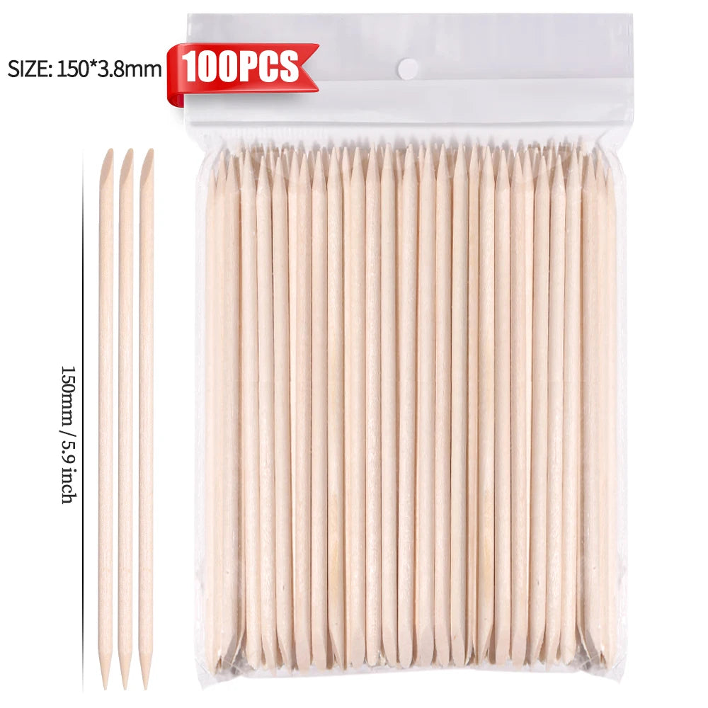 100PCS Cuticle Pusher Remover Nail Art Tools Beechwood Stick Sticks Rhinestones Picke lifestyle view