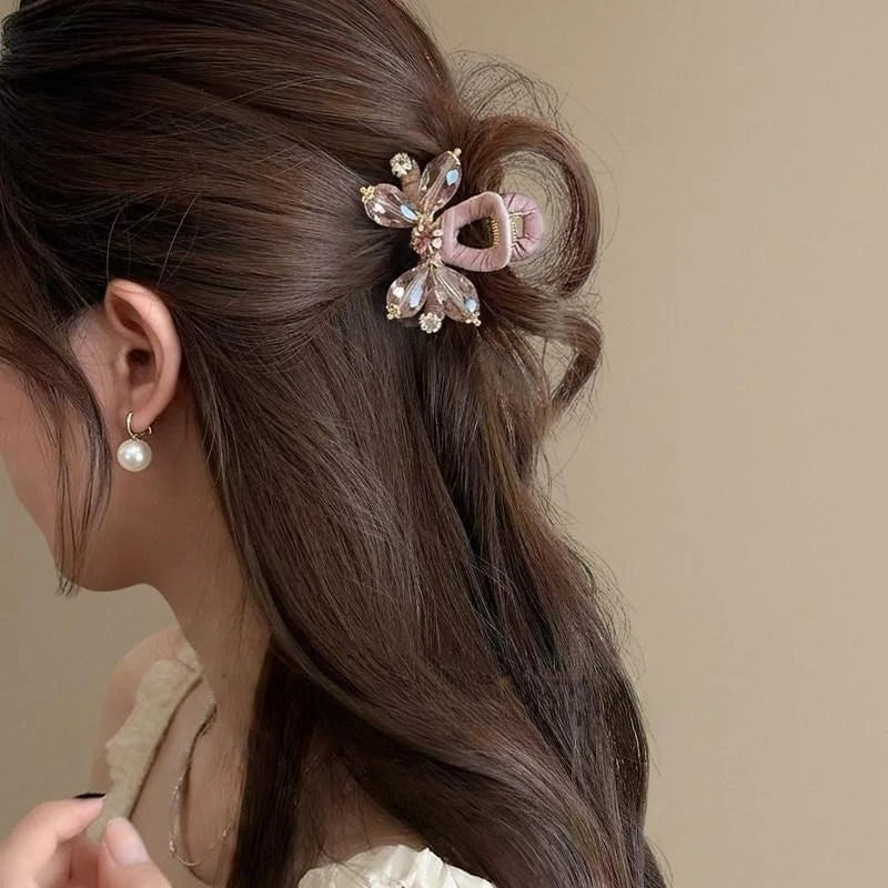 Pink Floral Crystal Rhinestone Hair Claw Clip Elegant Hair Accessories for Wedding Daily Party Dating Hair Accessories