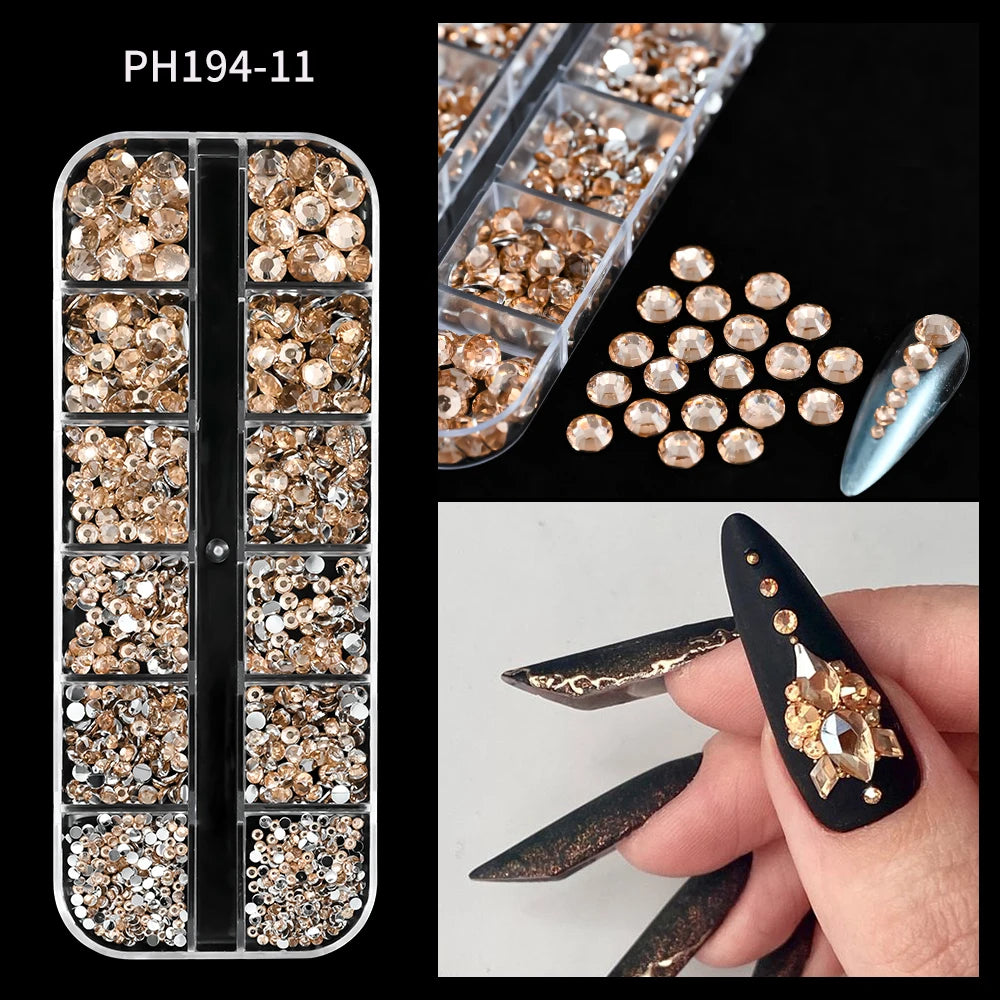 12Grids Pink Mixed Nail Rhinestones Luxury Nail Charms Glitter Crystal Jewelry Gems Na close-up view
