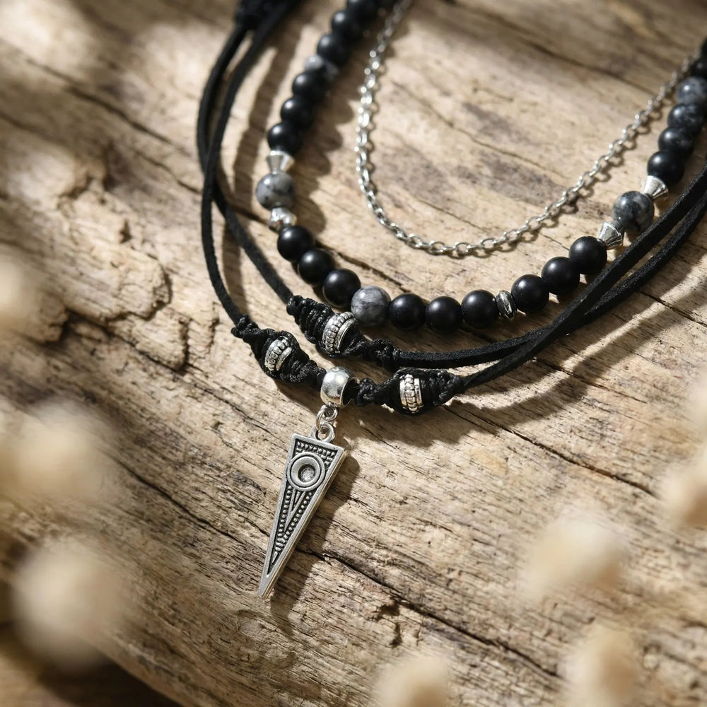 Vnox Metal Triangle Pendant Black Onyx Beaded Layered Leather Necklace for Men Women, 50 detail view