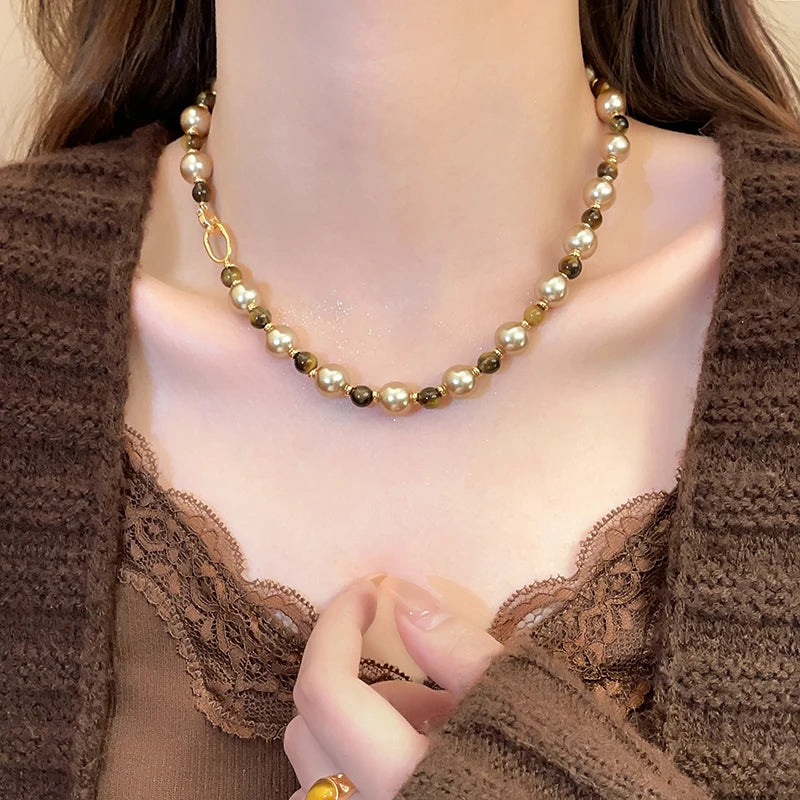 Warm Tiger's Eye Pearl Bead Necklace | Classic Sweater Chain Jewelry alternate view