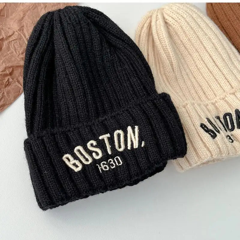 Boston Knitted Baby Hat with Letter Design | Winter Ear Protection Cap lifestyle view