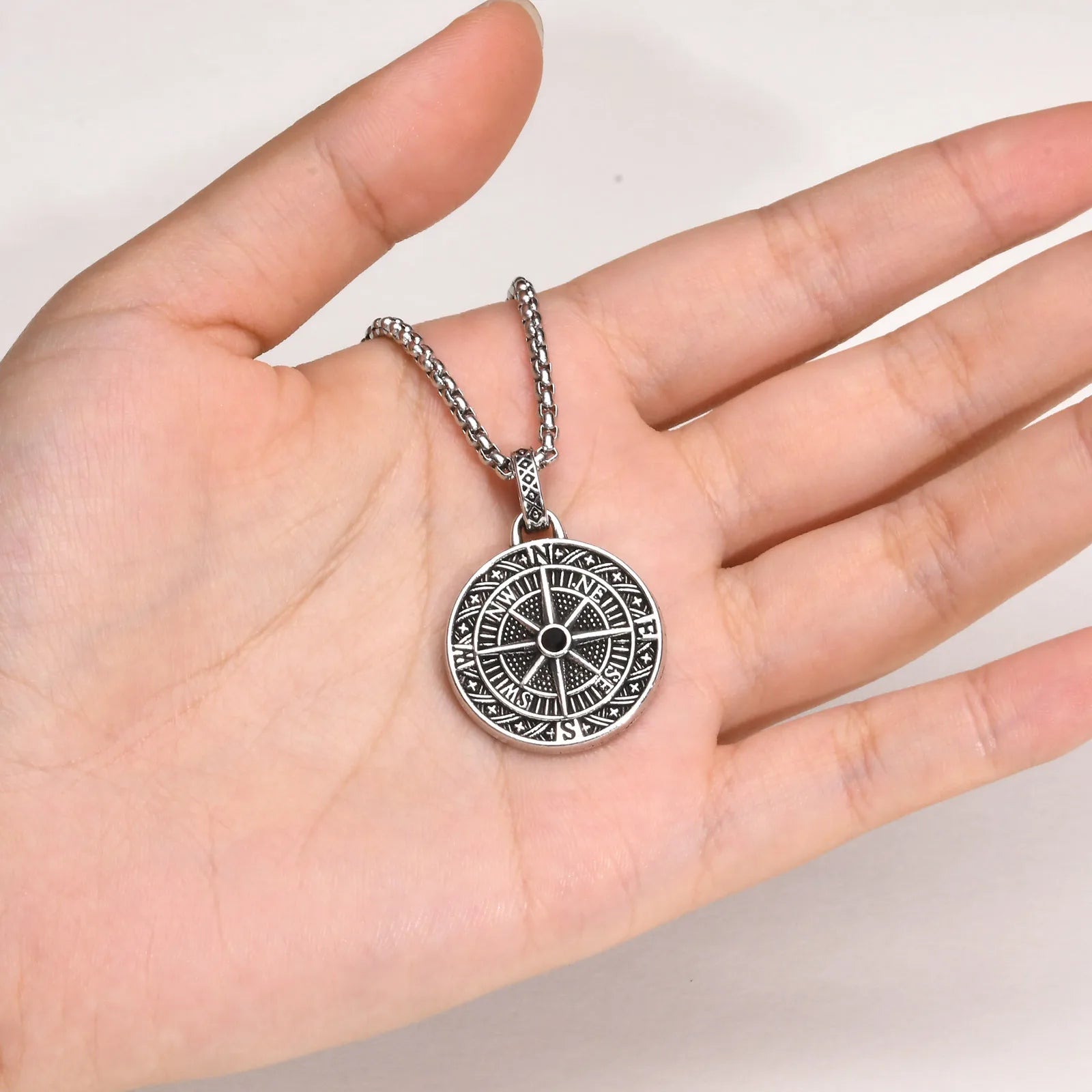 Vintage Compass Pendant Necklace | Stainless Steel Coin Necklace for Men detail view