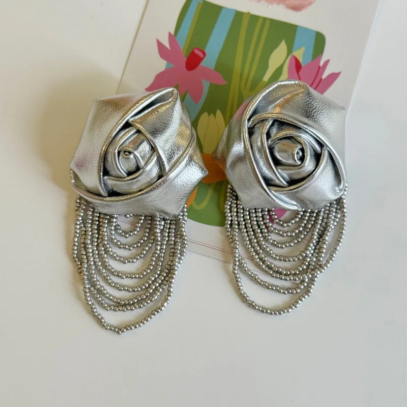 Fairy Mesh Rose Drop Earrings | Handmade Boho Tassel Jewelry additional angle