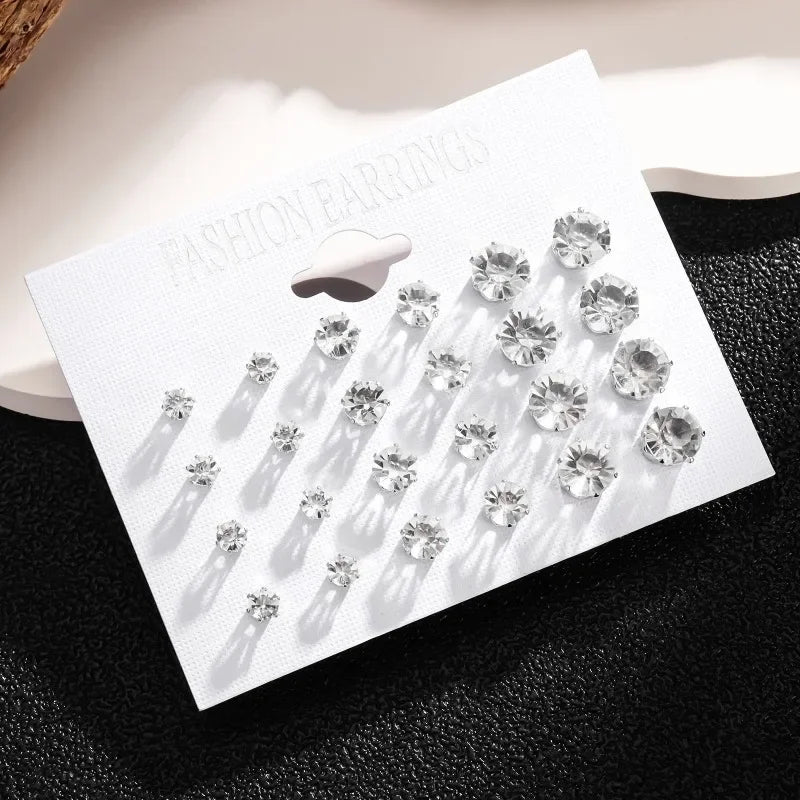 White Crystal Wedding Stud Earrings for Women Men 12 Pair additional angle