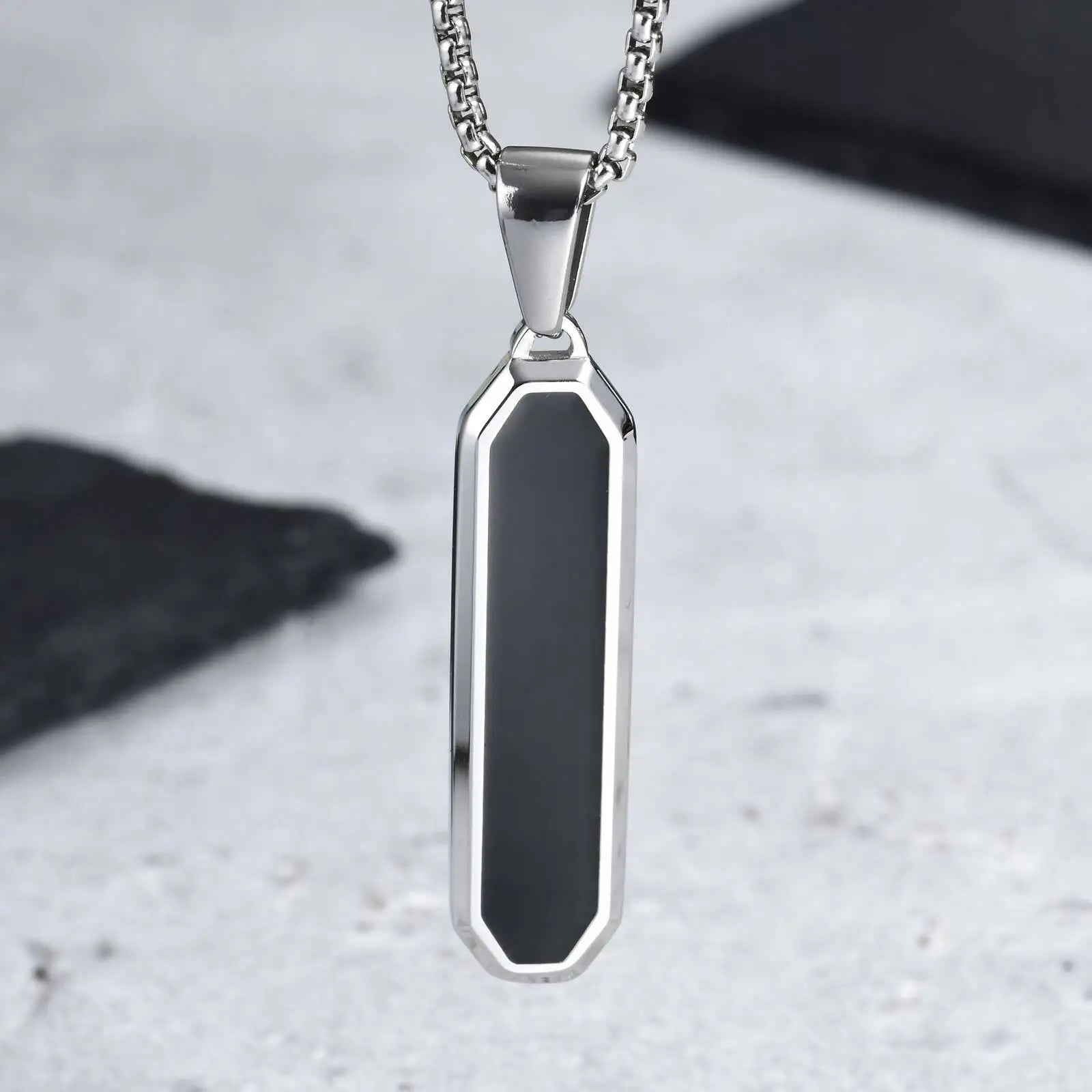 Men's Geometric Square Necklace | Black Enamel Rectangle Pendant with Rope Chain close-up view