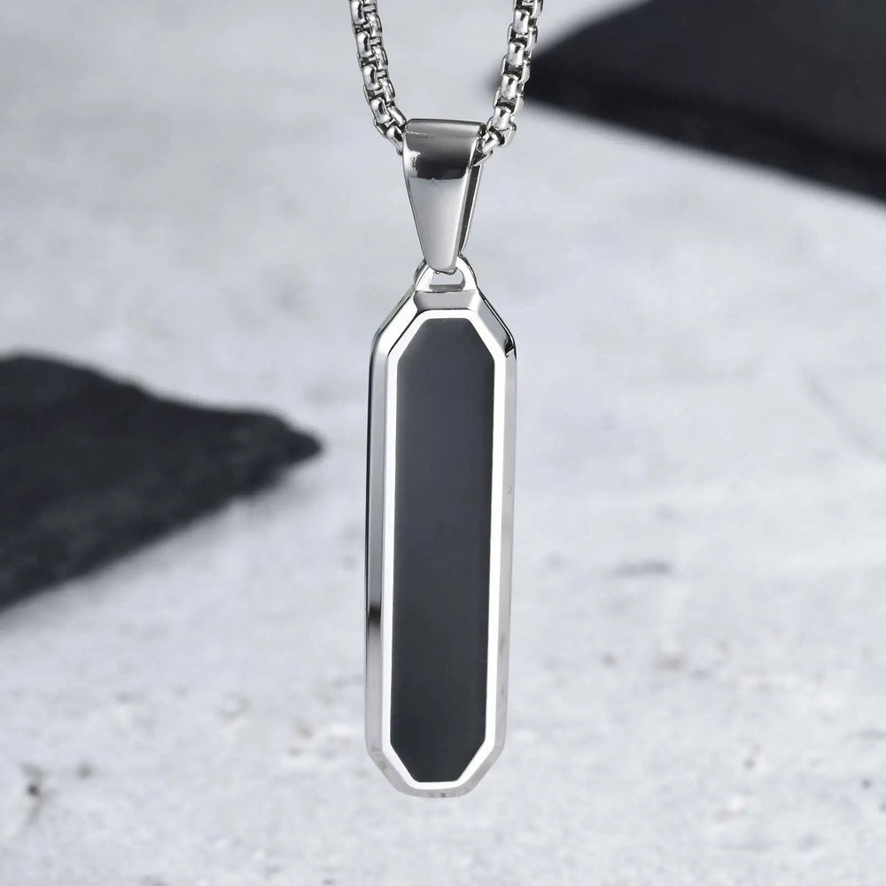 Men's Geometric Square Necklace | Black Enamel Rectangle Pendant with Rope Chain close-up view