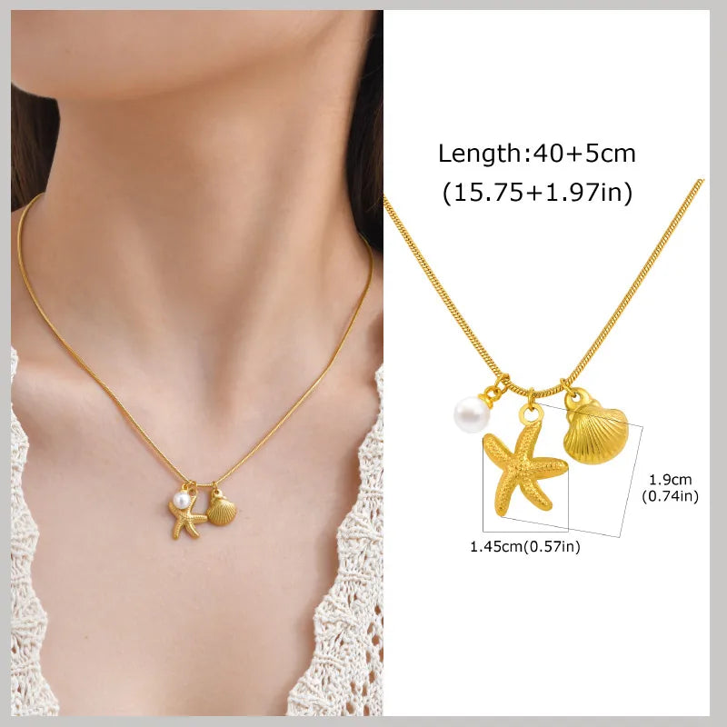 18k Gold Plated Pearl Shell Starfish Necklace | Summer Beach Jewelry for Women additional angle