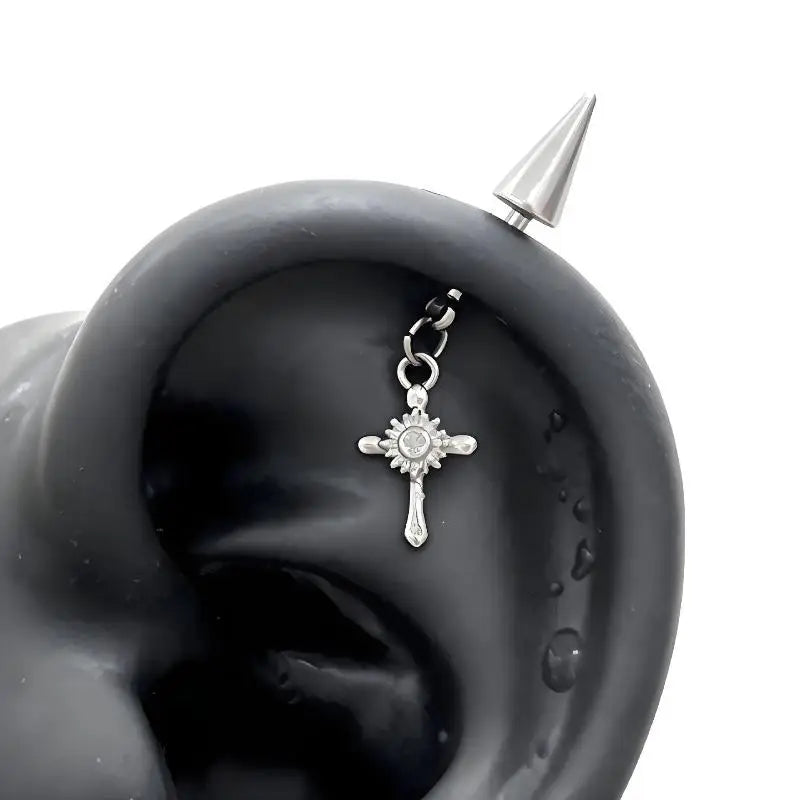 New Fashion Shiny Zircon Cross Ear Stud Women Ear Bone Nail Body Piercing Jewelry close-up view