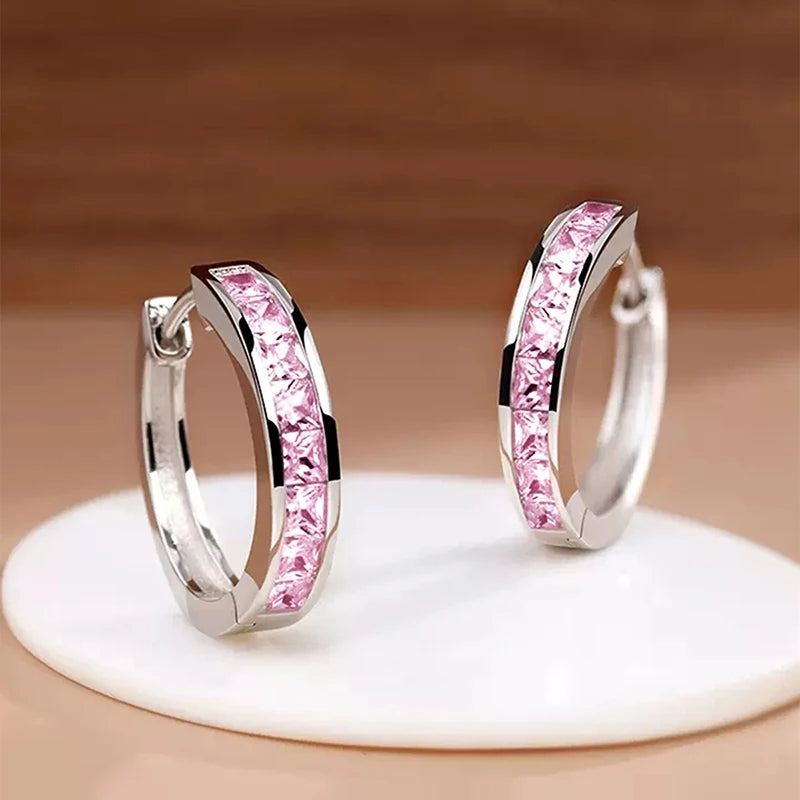 Huitan Hoop Earrings with Princess Cubic Zirconia Exquisite Ear Circle Earrings for Wo close-up view