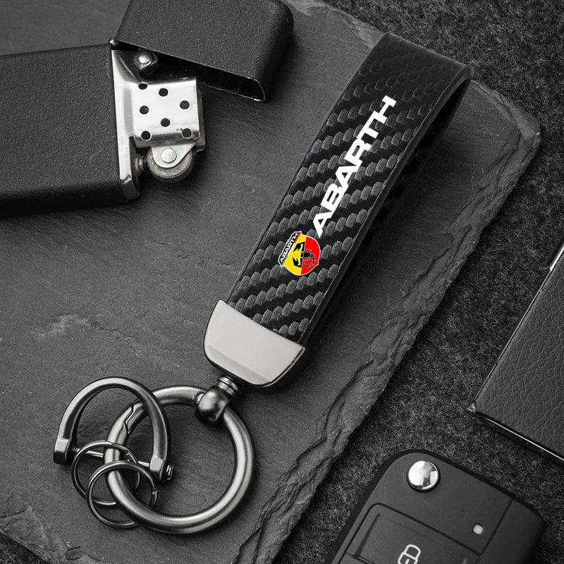 Fashion Carbon Fiber Car Keychain | Microfiber Leather Key Ring for FIAT Models close-up view