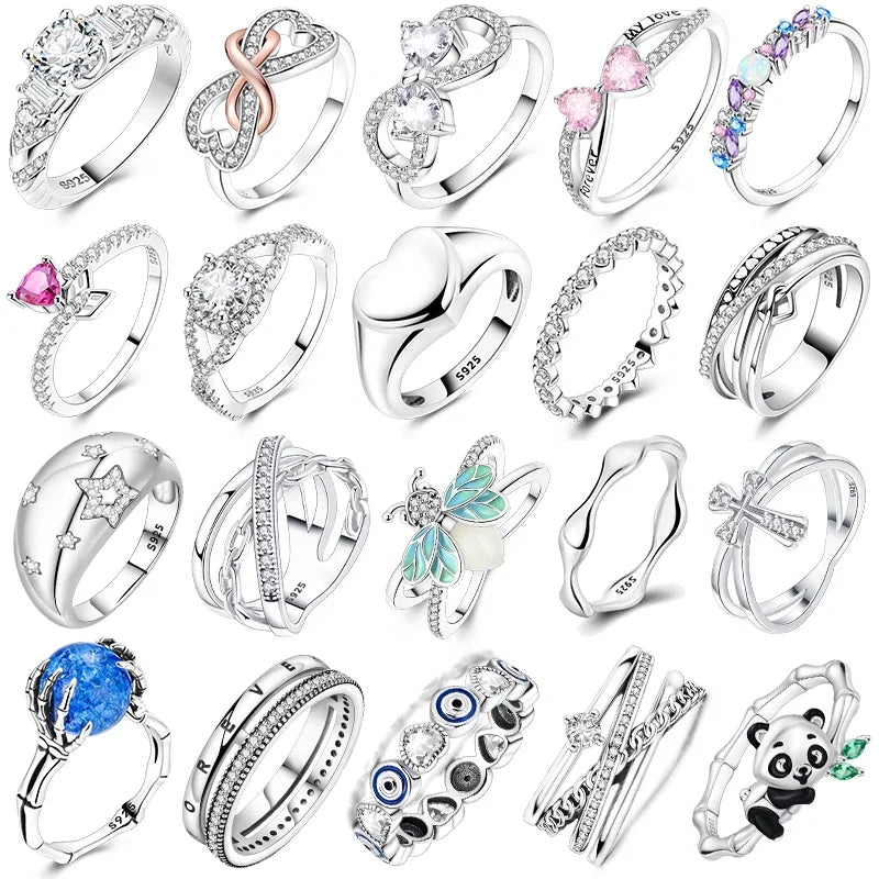 Original Romantic Heart-shaped White Zircon Shell Bowknot Rings 925 Sterling Silver Women Jewelry Va