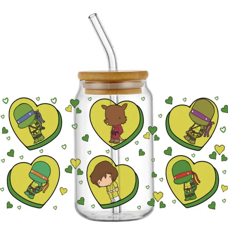 Cartoon Turtle Decal Stickers | Waterproof UV DTF Wrap for 16oz Libbey Glass alternate view