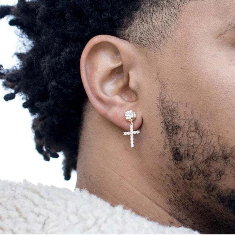 Punk Gold/Silver Cross Stud Earrings | Hip Hop Rhinestone Piercing Ear Accessories detail view