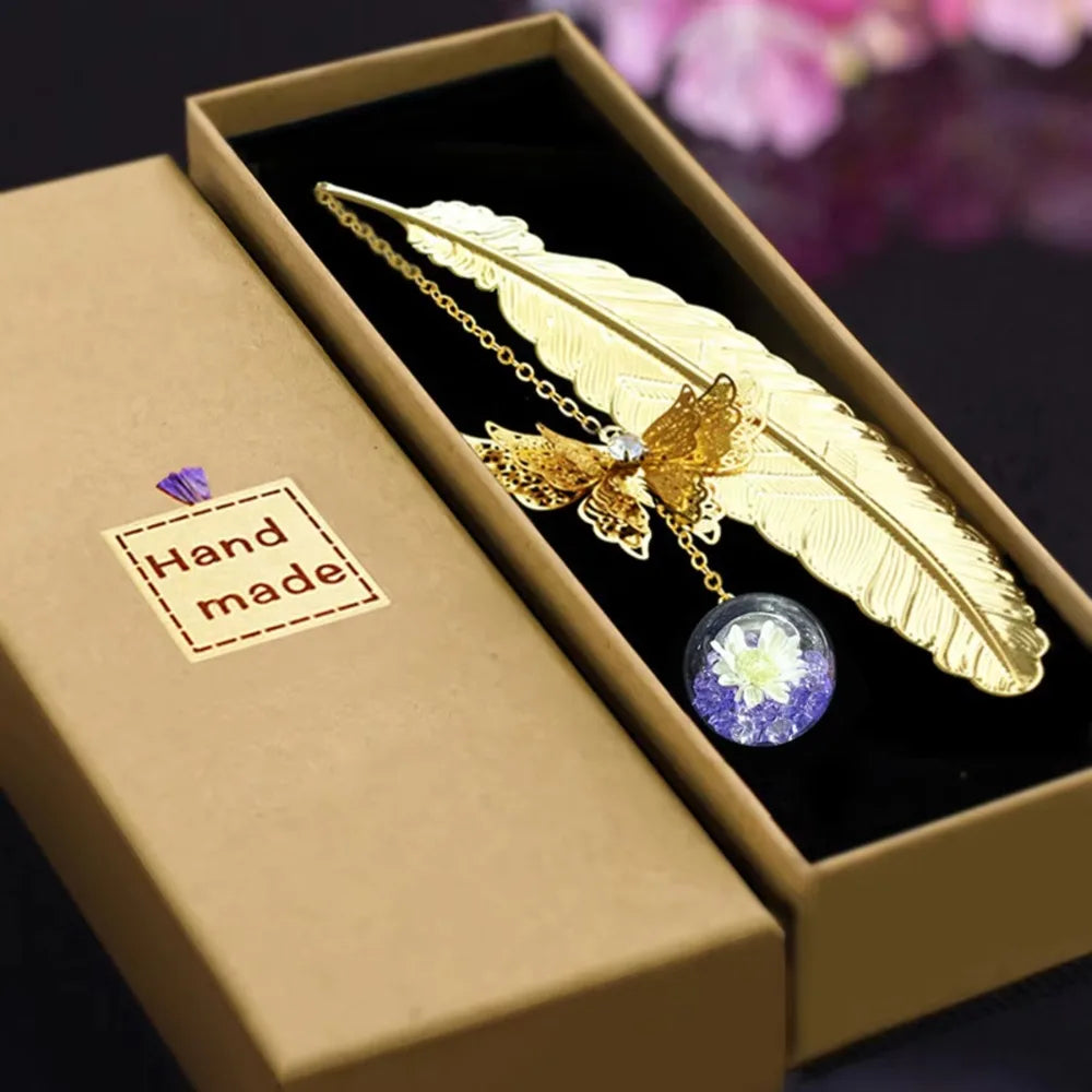 1Pcs Metal Feather Bookmark with Dried Flower Butterfly Boxed ,Teacher's Day Gift, Stude detail view