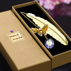 1Pcs Metal Feather Bookmark with Dried Flower Butterfly Boxed ,Teacher's Day Gift, Stude detail view