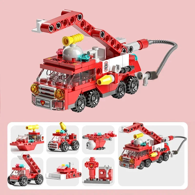City Fire Car Building Blocks Set | 6-in-1 Police Truck, Engineering Crane, Tank & He alternate view